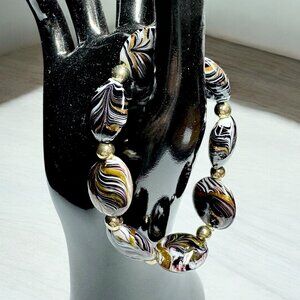 Art Glass Round Penny Beads Bracelet Stretchy Gold Black White